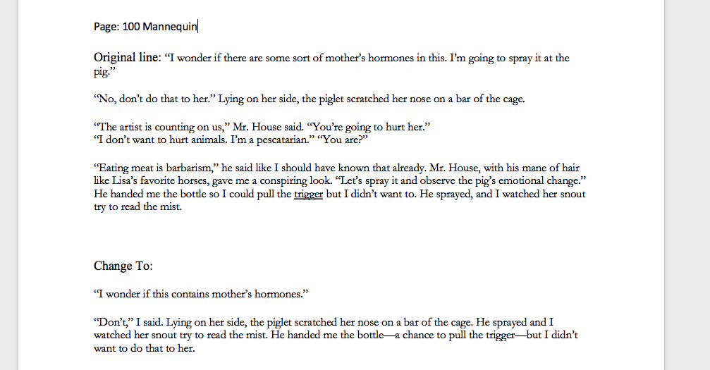 A screenshot of edits from the short story "Mannequin" 