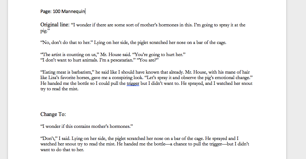 A screenshot of edits from the short story "Mannequin"