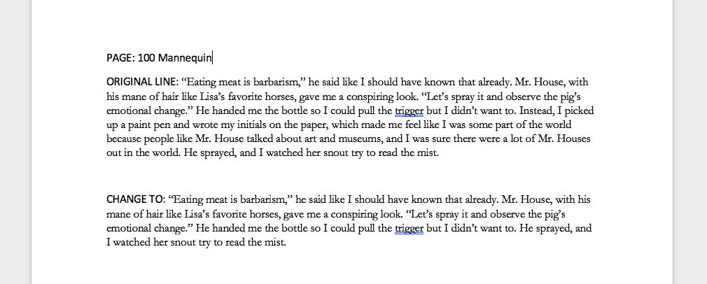 A screenshot of edits from the short story "Mannequin"