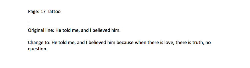A screenshot of edits from the short story "Tattoo"