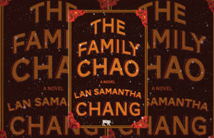 alt text: image is the book cover to Lan Samantha Chang's novel THE FAMILY CHAO that features a black backdrop with red font; title card for an interview of Chang by Candace Walsh