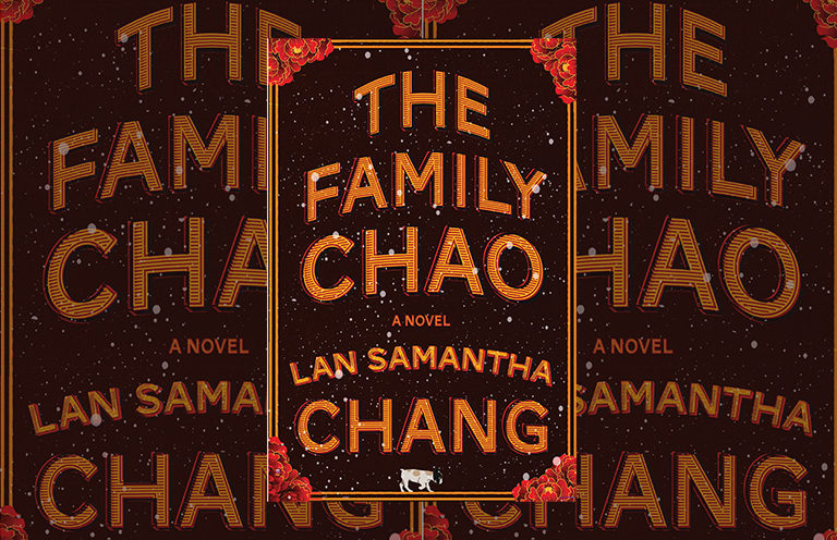 alt text: image is the book cover to Lan Samantha Chang's novel THE FAMILY CHAO that features a black backdrop with red font; title card for an interview of Chang by Candace Walsh
