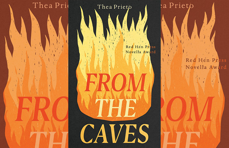 alt text: image is the book cover to Thea Prieto's novel FROM THE CAVES; title card for "Conversations Between Friends: Thea Prieto and Peg Alford Pursell"