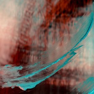 alt text: image is a color photograph of teal paint strokes; title card for the flash fiction piece "Riders" by Pete Stevens