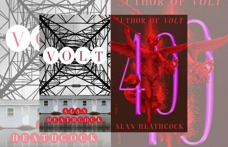 alt text: image is two book covers in bold reds; title card for Courtney Harler's interview with Alan Heathcock