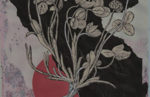 alt text: image is a color drawing of plants with red accents; title card for "Weeds" by Chelsea Biondolillo
