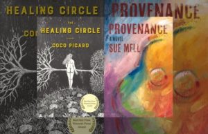 alt text: image is two book covers, HEALING CIRCLE and SUE MELL; title card for a conversation between Coco Picard and Sue Mell