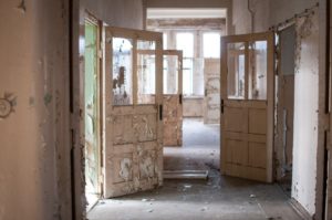 alt text: image is a color photograph of several dilapidated doors open in a hallway; title card for the new creative nonfiction piece, "The Writer," by Matthew Raymond