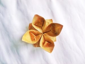 alt image: image is a color photograph of an orange origami flower; title card for a new essay, "Paper Flowers" by Sonia Alejandra Rodríguez